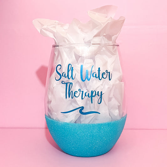 Salt Water Therapy Light Blue Glittered Wine Glass