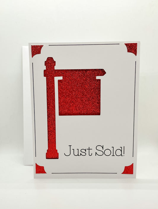 Just Sold Red Glitter Picket Sign Card