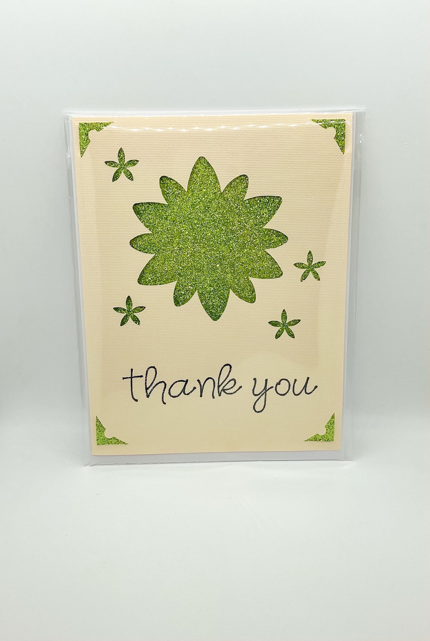Green Glitter Flower Cut Out Thank You Card