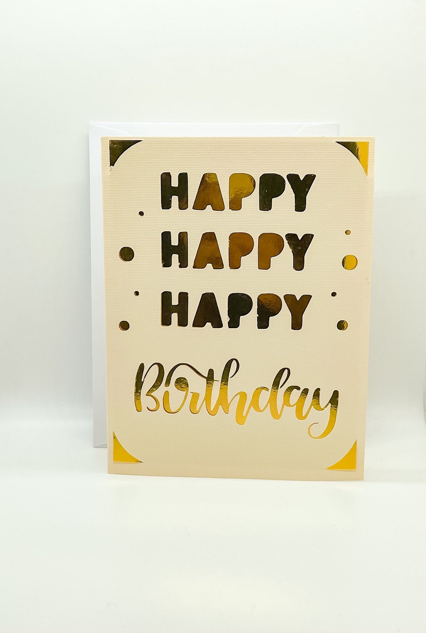 Happy Happy Happy Gold Metallic Birthday Card