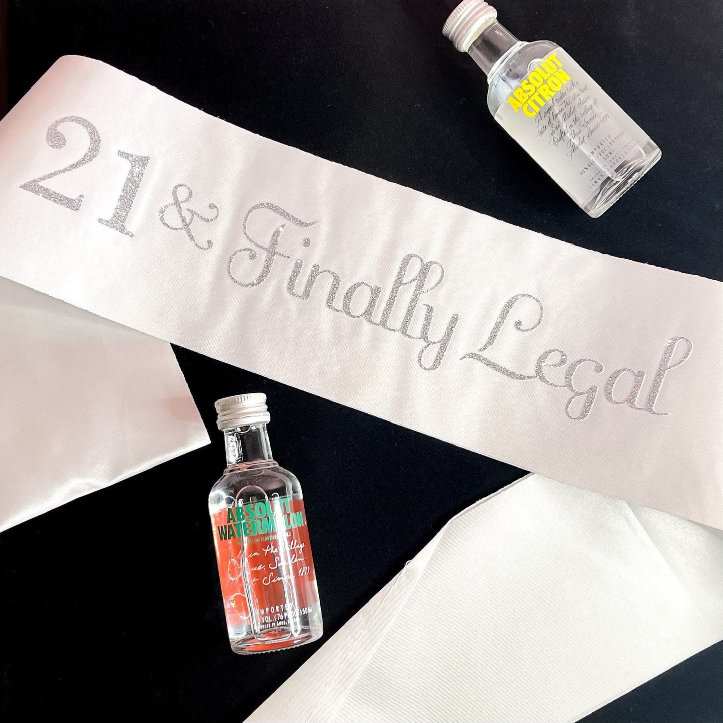 White 21 and Finally Legal Birthday Sash with Silver Glitter Lettering